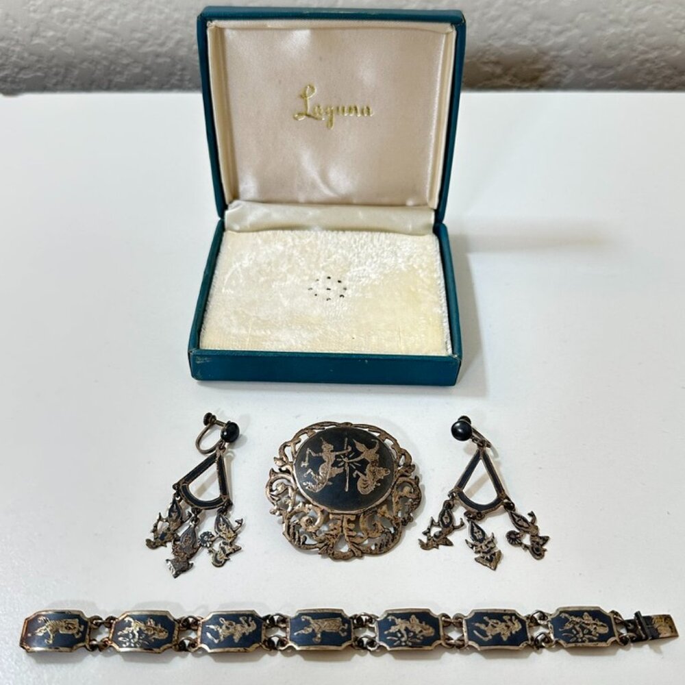 VTG. SIAM STERLING SILVER Nielloware 7 Panel Cuff Bracelet, Brooch, Earrings Set